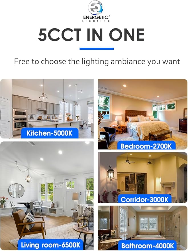 12 Pack 6 Inch 5CCT Ultra-Thin LED Recessed Ceiling Light with Junction Box, 2700K/3000K/4000K/5000K/6500K Selectable, 1050LM Brightness, 12W Eqv 110W, Dimmable Canless Wafer Downlight - ETL & FCC