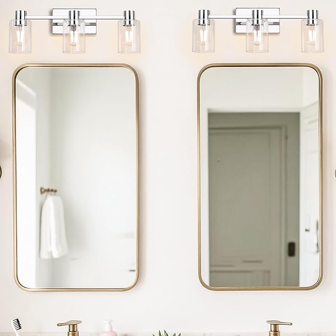 3-Light Modern Vanity Light Fixtures Over Mirror, Polished Chrome Bathroom Light Fixtures, Vanity Lights, Wall Sconce with Clear Glass Shade for Bathroom, E26 Base