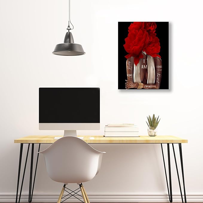 Inspirational Wall Art Canvas, African American Empowerment, Red Floral Design, Modern Home Decor 12"x16"
