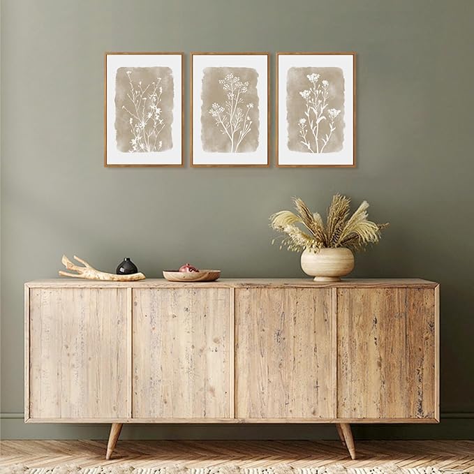 CHDITB Botanical Farmhouse Wall Art Set, Framed Boho Plant Wall Decor, Neutral Minimalist Floral Wall Painting, Rustic Wildflower Canvas Art Prints for Living Room, Bedroom, Bathroom - Large 16"x24"x3