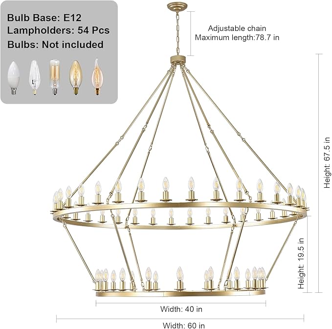 60 Inch Gold Wagon Wheel Chandelier, 2 Tier 54-Lights Large Farmhouse Chandeliers for High Ceilings, Extra Large Industrial Brushed Gold Pendant Lights for Foyer Hallway Dining Room Living Room