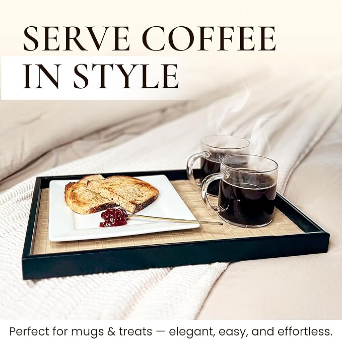 Solvane Wooden Serving Tray in Black – 15x11in Rectangular Ottoman & Coffee Table Tray, Decorative Wood Tray with PU Leather Base for Living Room, Kitchen, Bathroom & Vanity