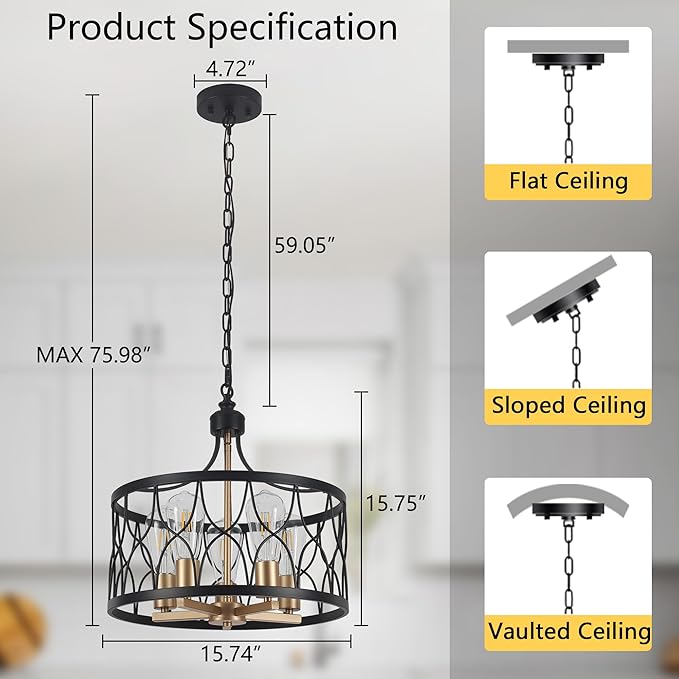 15.74" Farmhouse Ceiling Light Fixture, Hight Adjustable, 5-Light Modern Industrial Metal Cage Pendant Lighting for Kitchen Island Dining Room Living Room and Entryway (Gold)