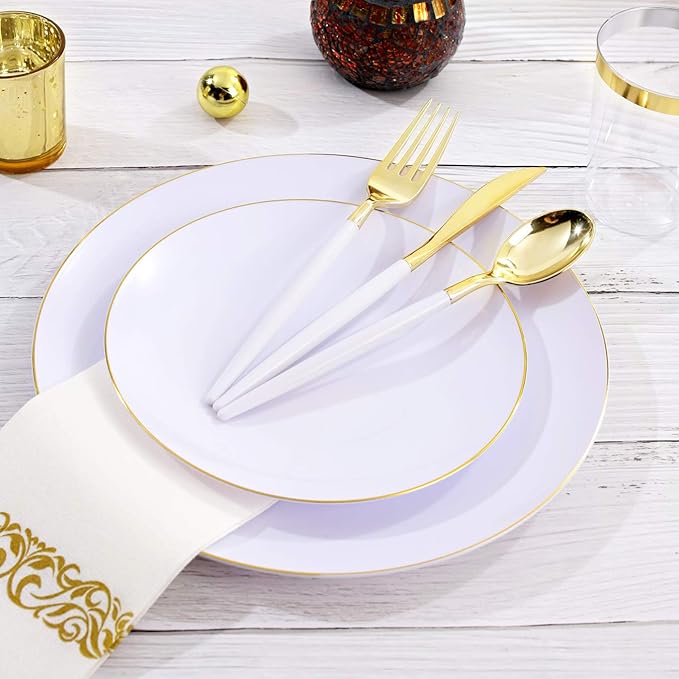 Nervure 100 Pieces Gold Plastic Plates - 10.25 inch Gold Dinner Plates - Heavyweight White and Gold Disposable Plates Ideal for Wedding & Party & Thanksgiving