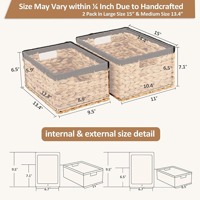 Wicker Baskets for Storage 2 Pack, Water Hyacinth Storage Baskets with Built-in Handles, Large Wicker Storage Baskets for Shelves & Organizing, Natural with Black, Size L & M