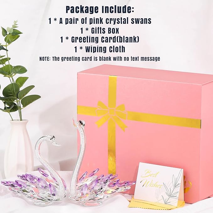 Set of 2 Crystal Purple Swans Figurines, Anniversary Wedding Gifts for Women, Mom, Couple, Glass Swan Collectibles Birthday Presents Keepsake for Parents Home Decor, 6.5in Gift Boxed