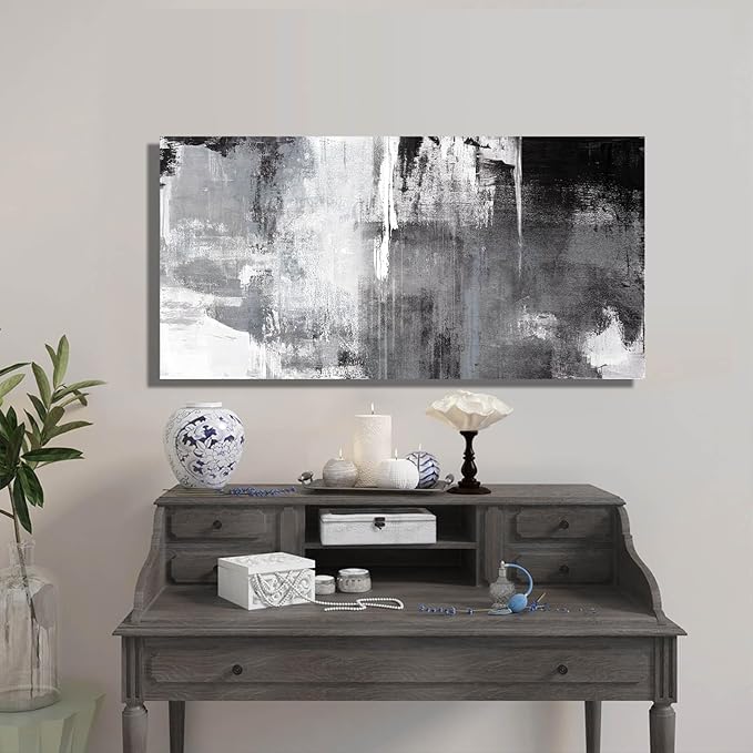 Kureful Black Abstract Wall Art Decor Grunge Room Decor Art Grey Canvas Wall Decoration 20" x 40" Painting Black And White Artwork for Bedroom Home Office Dining Room Decoration
