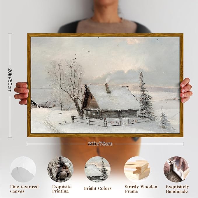 crmotu Vintage Framed Wall Art, Country Winter Scene Canvas Pictures, Snow Farmhouse Cottage Art Prints, Rustic Landscape Wall Paintings for Living Room Bedroom Bathroom Decor Aesthetic 20x30in
