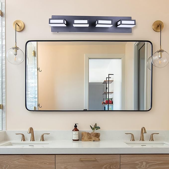 4-Light Bathroom Vanity Light Fixtures,Matte Black Bathroom Wall Lighting Fixtures Over Mirror, Dimmable 5CCT LED Vanity Lights with Acrylic Shades