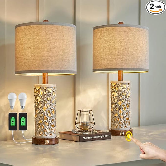 OYEARS 3-Way Dimmable 22'' USB A+C Touch Control Table Lamp Set of 2 with Nightlight for Living Room Bedroom Farmhouse Bedside Nightstand Lamps (Brown, Bulb Included)