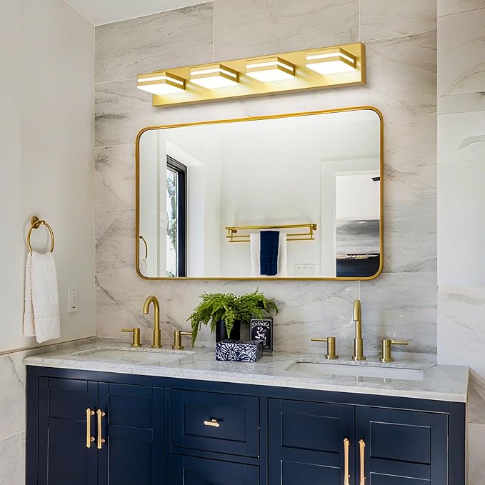 Modern LED Bathroom Lights Fixtures(4-Light),Metal Gold Acrylic Wall Lighting,Vanity Lights for Bathroom Over Mirror(6000k 27In