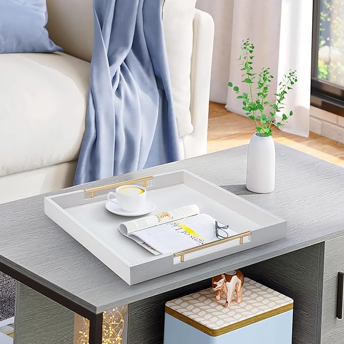 White Leather Large Ottoman Tray for Living Room,Stylish Square Decorative Tray for Coffee Table,Versatile Serving Trays with Handles for Party