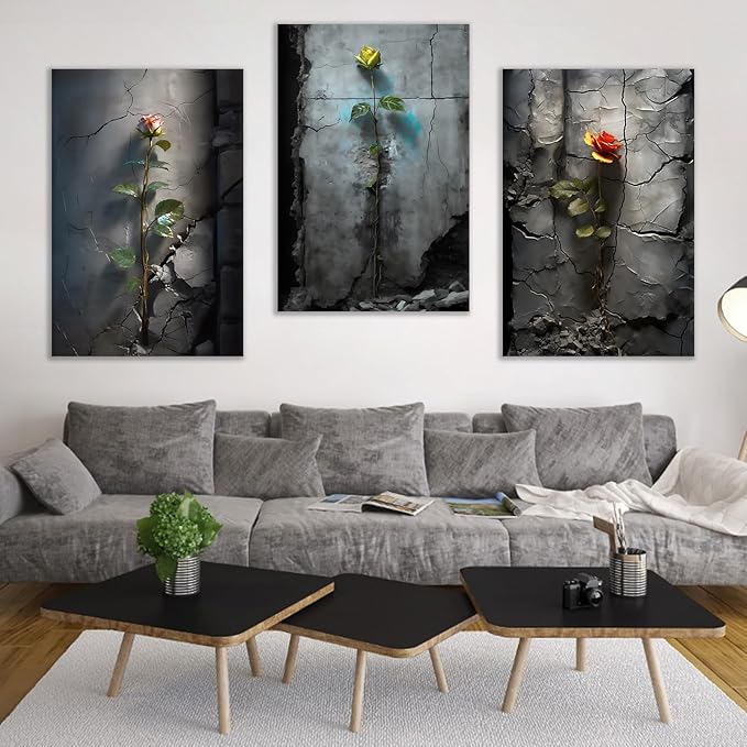 3 Pieces Large Size Poster Canvas Wall Art Inspirational Roses Grow in The Cracks of The Wall Vintage Theme Painting Artwork for Living Room Office Gallery Hotel Stretched and Framed [72''W x 36''H]