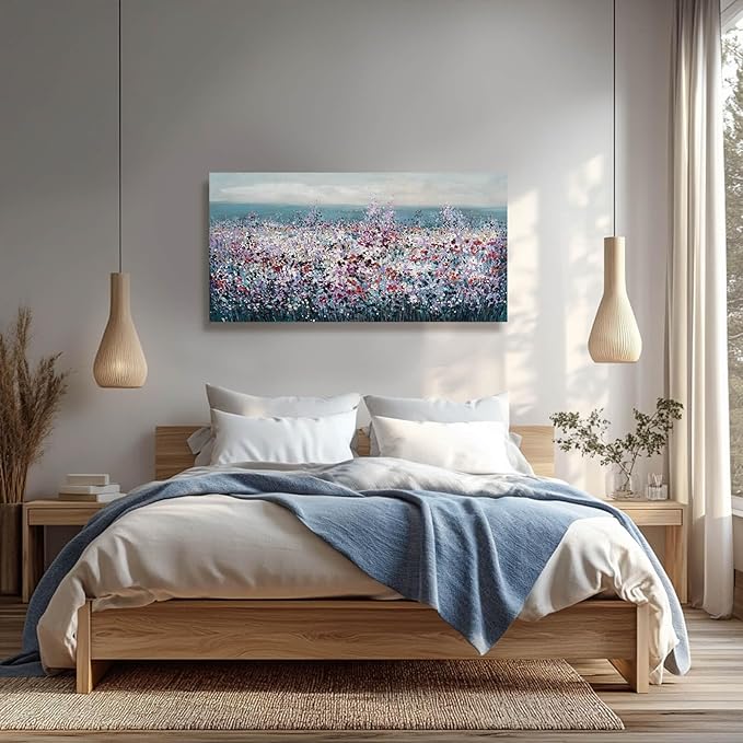 CHUDANHAO Purple and White Wildflowers Wall Paintings Ocean Wall Decor for Bedroom Seascape Painting Art Dining Room Hotel Decorations 24"x48"