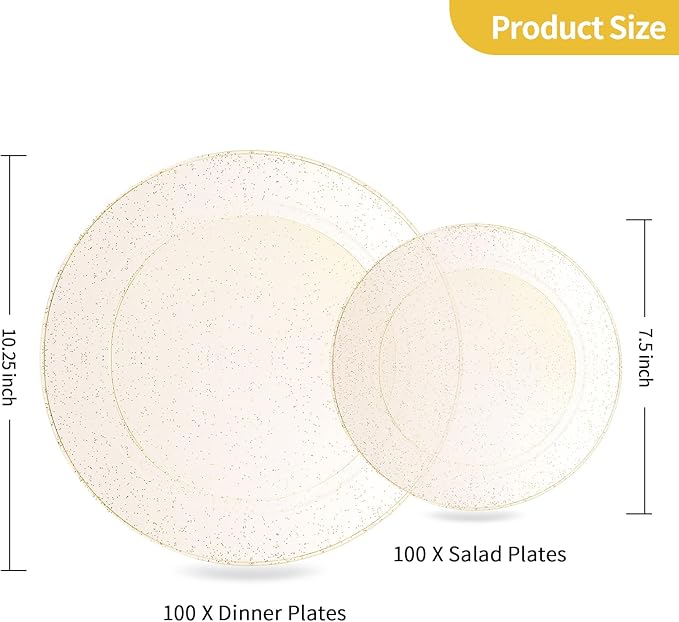 Goodluck Gold Glitter Plastic Plates - 200PCS Set: 100 Dinner (10.25 Inch), 100 Dessert (7.5 Inch) Plates - Disposable, Suitable for Parties, Weddings, Christmas