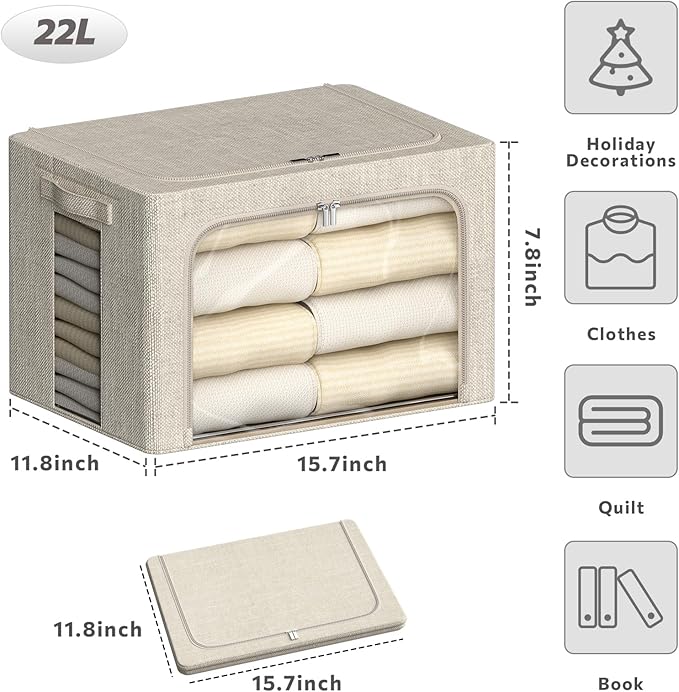 4 Pack Clothes Storage Bins with Metal Frame - 22L Stackable Storage Box with Lid，Foldable Storage Container Organizer for Clothes，Linen Fabric Storage Box with Clear Window＆Zippers＆Handles