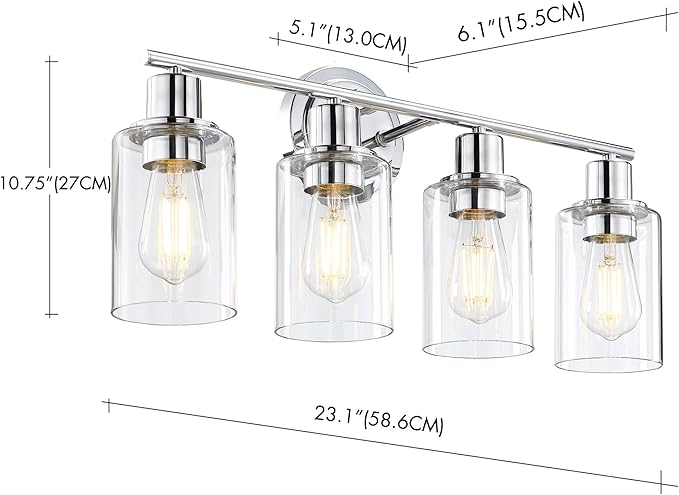 4-Light Chrome Bathroom Light Fixture Over Mirror,4-Light Chrome Vanity Lights for Bathroom Wall Light 4 Bulb