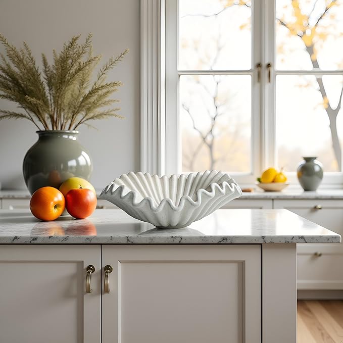 Large Decorative Bowl decor, Scalloped Pedestal Bowls for Modern Home Decor,Ruffle Decor,Stylish Key Bowl for Entry Table,Decorative Fruit Bowl for Kitchen Counter, Light Gray