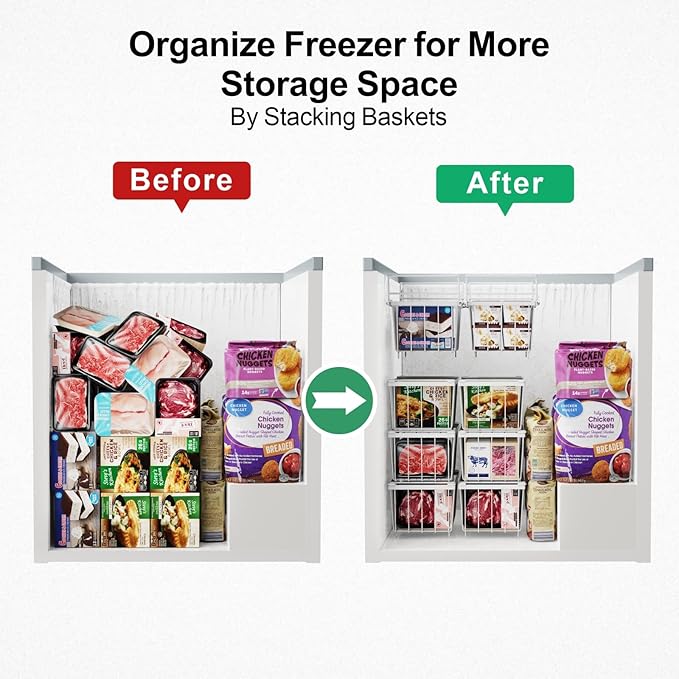 iSPECLE Deep Freezer Organizer Bins - 15.8~18.1 Inch Freezer Baskets for Chest Freezer, 7 Cu.Ft Chest Freezer Organizer Bins, 2 Small Expandable Hanging Baskets and 4 Stackable Bins, 6 Pack, White