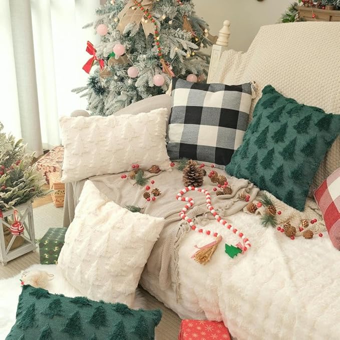 GEEORY Christmas Tree Throw Pillow Covers 16x16 Inch Set of 2, Xmas Winter Soft Plush Faux Fur Wool Decorative Farmhouse Holiday Cushion Case for Home Decoration (Green) GC003-16