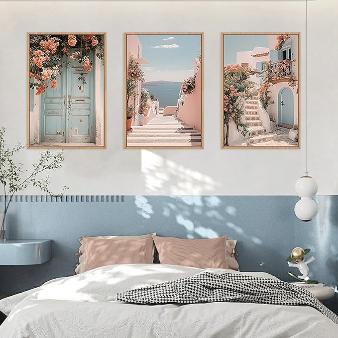 KAIRNE Italy Coast Cityscape Framed Canvas Wall Art Set, Neutral Italian Countryside Wall Decor, Aegean Santorini Landscape Wall Painting, Florida Beach Art Prints for Living Room, Bedroom 16"x24"x3