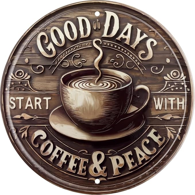 Vintage Coffee & Peace Round Wooden Sign for Kitchen Home Office Cafe or Outdoor Decor Rustic Wall Art 8x8 In