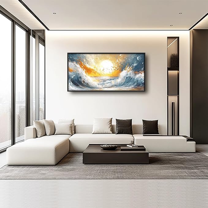Trulave Ocean Sea Framed Wall Art for Living Room, Large Waves Canvas Wall Decor, Vintage Beach Sunset Pictures, Modern Artwork for Living Room Bedroom 60L'' × 30W''