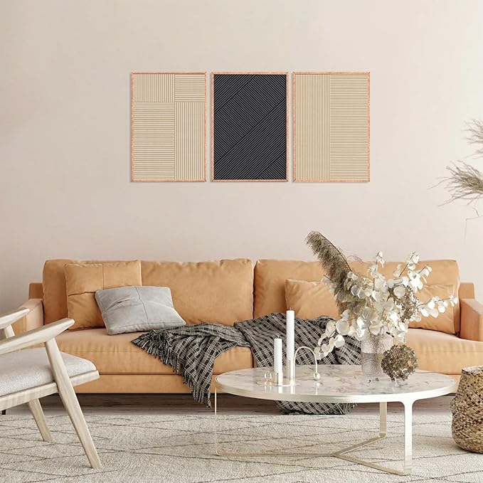 KAIRNE Modern Minimalist Wall Art Set of 3, Beige and Black Striped Geometric Prints with Wood Frame, Abstract Textured Wall Decor for Living Room, Bedroom, Office - 24x36 inch