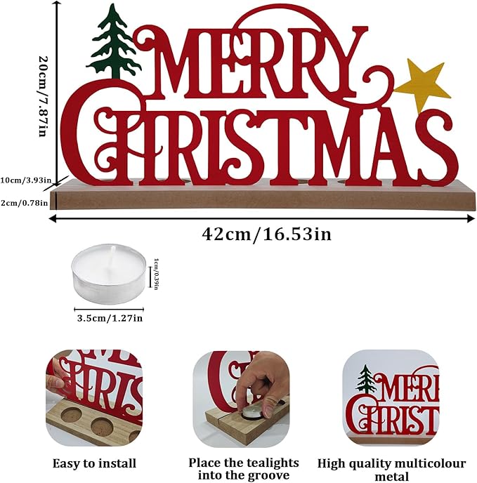 Merry Christmas Metal Sign Rustic Table Decorations with Wooden Base, Tiered Tray Decor with 18pcs Tealights, Table Centerpieces Metal Word Sign for Xmas Party Home Indoor Office Tabletop Mantel Shelf