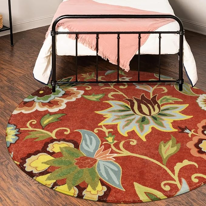 Lahome Red Floral Round Rug - 3 ft Washable Round Area Rugs Small Non Slip Entryway Rug, Throw Circle Rug Vintage Distressed Door Mat Soft Floor Carpet for Bedroom Living Room Kitchen Office