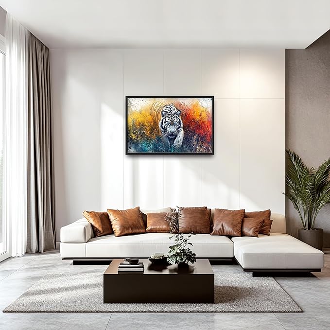 Extra Large Framed Abstract White Tiger Wall Art,Oversized Colorful Cool Tiger Wall Decor,Wild Animal Pictures for Living Room,Canvas Print Painting Modern Artwork Bedroom Office Bathroom 36L x24W