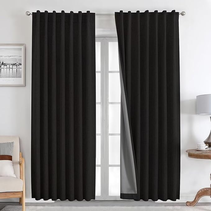 Joydeco Natural Linen Curtains 108 inch Length 2 Panels Set Burg 100% Blackout Patio Door Curtain Room Darkening Sliding Door Curtains Thermal Insulated Back tab Rod Pocket(105x108 inch, Black)
