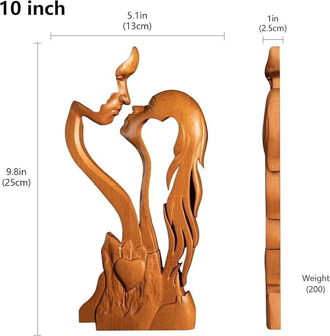 Wooden Kissing Couple Ornament, Abstract Couple Portrait Sculpture Romantic Love Statue Decor Gift for Women Anniversary Valentine Wedding - 10 Inch
