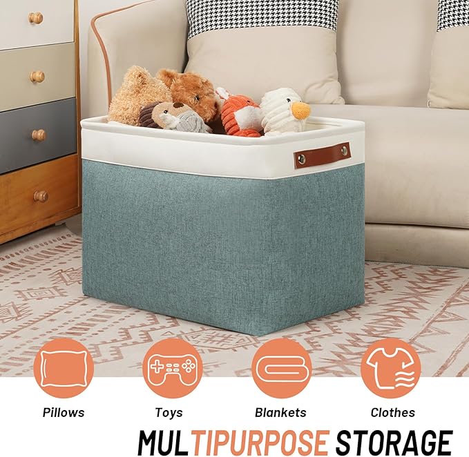 DULLEMELO Large Storage Baskets, Storage Basket with Handles for Shelves, Linen Closet Organizers for Home Office, Decorative Storage Baskets for Toys Storage (3 Pack, White&Deep Green)