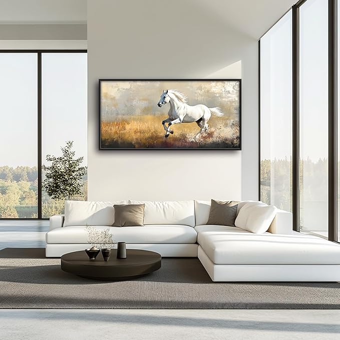 Extra Large Framed Horse Wall Art,Oversized Rustic Horse Running Wall Decor, Vintage Wild Animal Field Pictures for Living Room,Canvas Print Painting Modern Artwork Bedroom Office 60L"x30W"