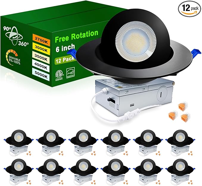 zouzai 5CCT LED Gimbal Led Recessed Light with Junction Box, 360°+90° Adjustable Directional Eyeball Lighting, Dimmable, 2700K/3000K/3500K/4000K/5000K,ETL&Energy Star (6 inch, Black 12 Pack)