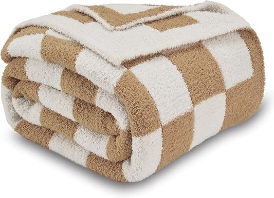 CozeCube Checkered Blanket, Ultra Soft Cozy Khaki Tan and White Throw Blanket, Warm Cozy Knit Fuzzy Plush Checkerboard Throw for Couch Bed Sofa, 60"x80"
