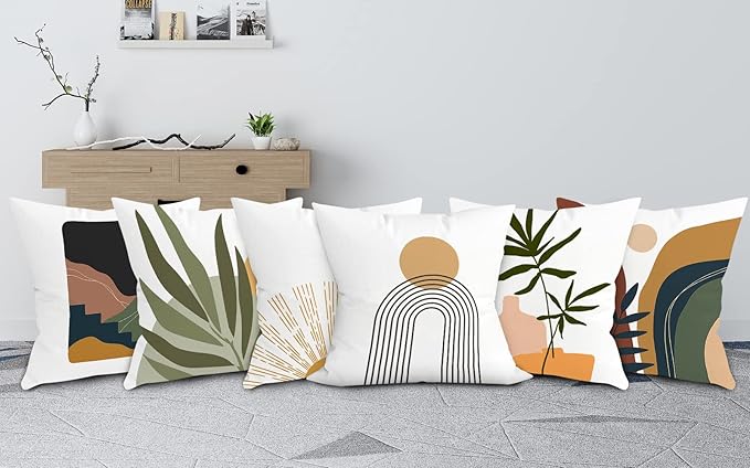 COMMINY Abstract Boho Pillow Covers 18x18 Set of 6,Rustic Sunset Leaves Throw Pillow Cover,Minimalist Modern Pillow Case for Couch Sofa Room Home Decor