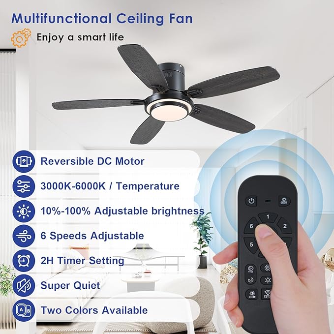 Low Profile Ceiling Fan with Lights and Remote/APP, 50 Inch Modern Flush Mount Ceiling Fan with 3CCT 6-Speeds Quiet DC Motor,Dimmable 3-Color Temperatures for Living Room Bedroom(Black)