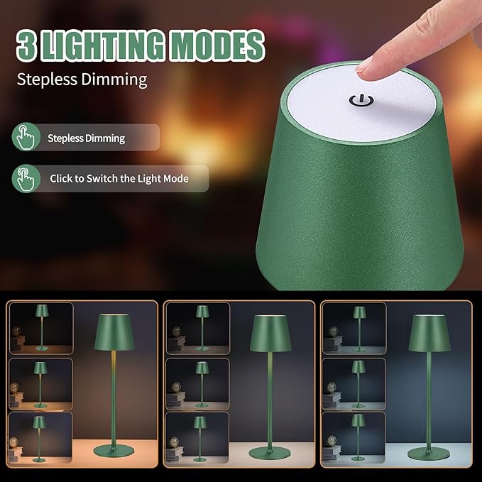 2Pack Cordless Table Lamps USB Rechargeable Simplicity Desk Lamp Built-in 4600 mAh Battery LED Battery Operated lamp with Touch Control Table lamp - Bedroom/Desk/Reading/Patio(Green)