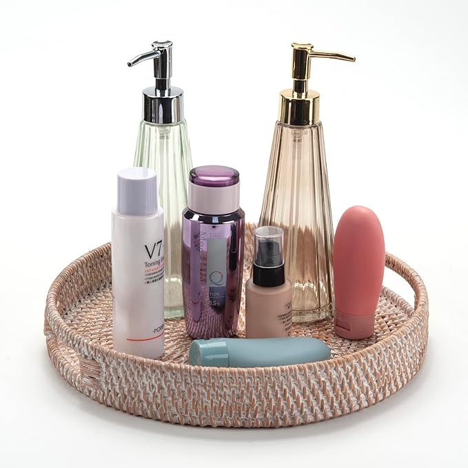 Round Rattan Serving Tray Decorative Woven Ottoman Trays with Handles for Coffee Table White (Small 11.8 inch x 2.4 inch)