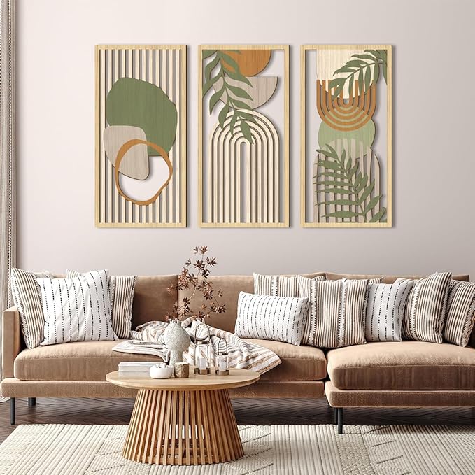 IARTTOP Boho Mid-century Modern Wood Wall Art 16x32 Inch Large Green Abstract Wood Wall Decor Mid Century Bohemian Artwork for Bedroom Living Room Office Kitchen Set of 3