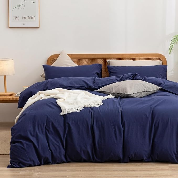 BESTOUCH Duvet Cover Set 100% Washed Cotton Linen Feel Super Soft Comfortable Chic Lightweight 3 PCs Home Bedding Set Solid Navy Blue Oversized King