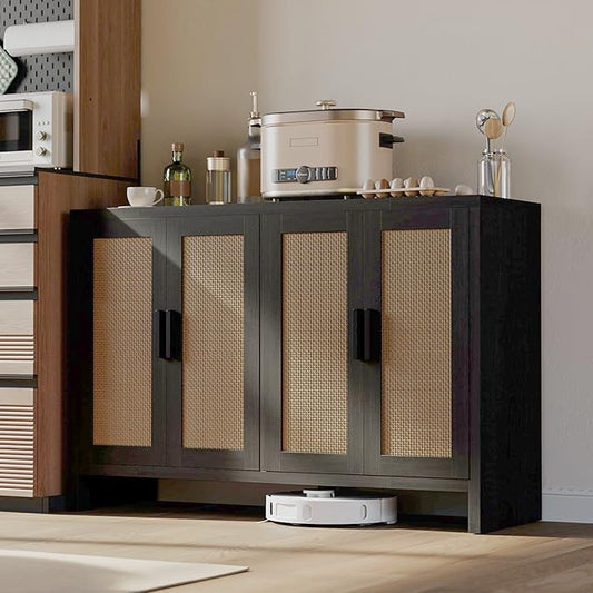 Rattan Buffet Cabinet with Storage, Sideboard with Doors, TV Stand, Farmhouse Side Board Coffee Bar, Modern Wood Storage Cabinets for Livingroom, Kitchen and Dining Room (Black)