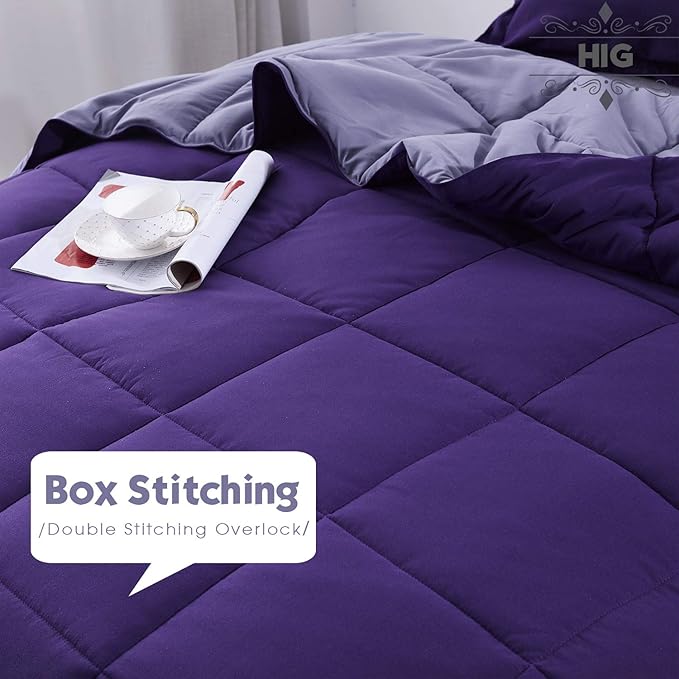HIG 3 Pieces Purple Oversized Reversible Comforter Set King, Modern Breathable Box Stitched Duvet Insert with 2 Shams, Soft Fluffy All Season Comforter Set with Corner Tabs for Bedroom, Microfiber