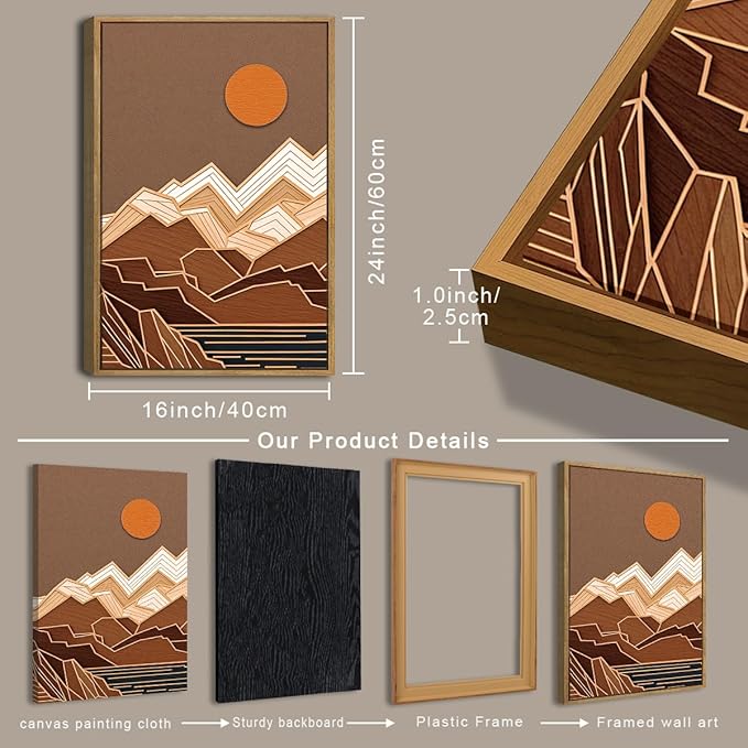 IARTTOP Large Mountain Framed Canvas Wall Art 16x24 Inch Set of 3 Abstract Mountain Woodcut Wall Decor for Living Room Bedroom Office