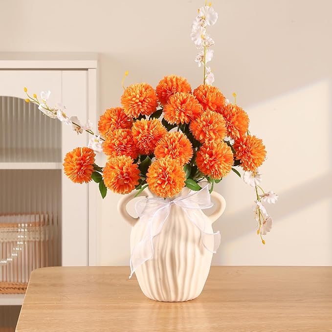 Floweroyal 24pcs Fall Flowers Artificial Chrysanthemum Ball Flower, Fake Mums Silk Hydrangea Flowers Bridal Wedding Bouquet for Home Garden Party Office Autumn Decor