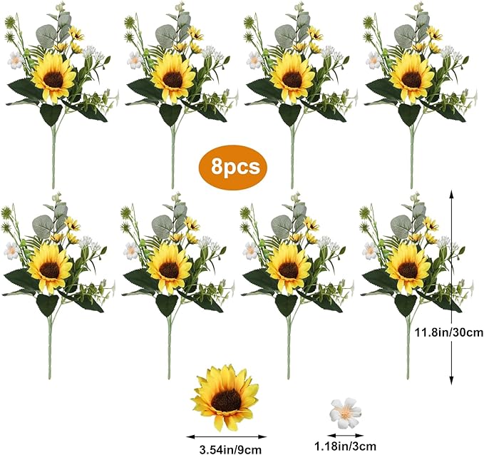 HUAESIN Artificial Flowers Fake Sunflowers 8 Bunches Silk Summer Flowers Faux Sunflower Arrangements for Table Centerpieces Home Kitchen Office Windowsill Hanging Wedding Decor