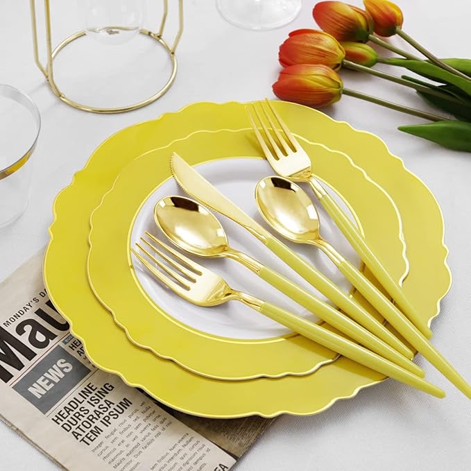 WDF 150pieces Yellow Disposable Dinnerware Hign-end Baroque Design - Sturdy&Durable Baroque Yellow Sunshine&Gold Plastic Dinnerware for Upscale Wedding & Thanksgiving Parties