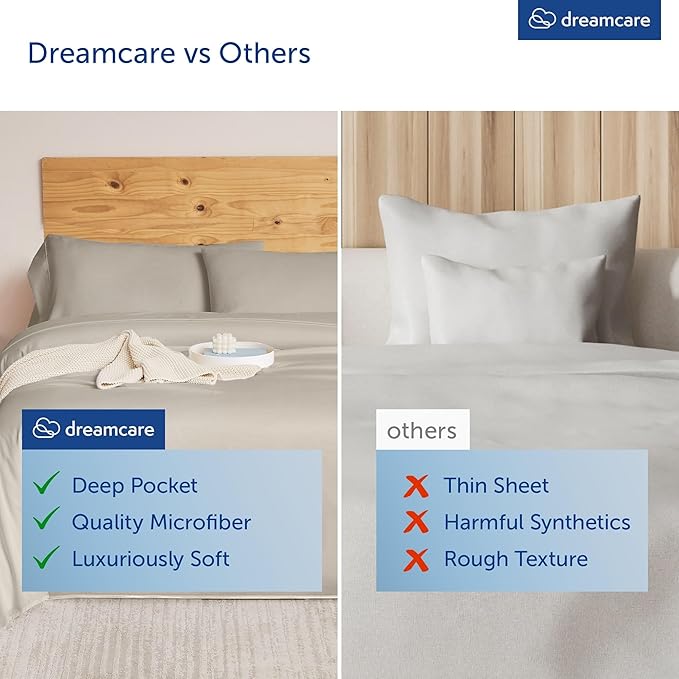 DREAMCARE Queen Sheet Set – 6 pcs Cooling Bed Sheets – up to 21” Deep Pocket Queen Sheets Set – 2500 Supreme Collection – Extra Soft 100% Brushed Microfiber Hotel Luxury with Side Pocket – Beige